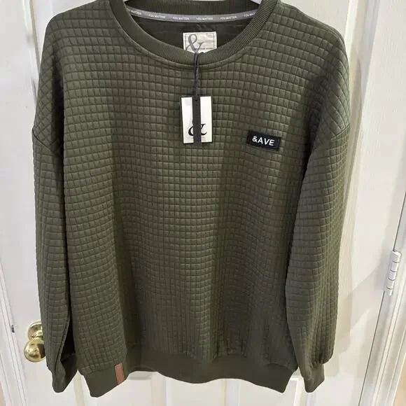 Ampersand Avenue Quilted Pullover Hoodie Size Medium Olive Fall NWT Oversized - Picture 1 of 13